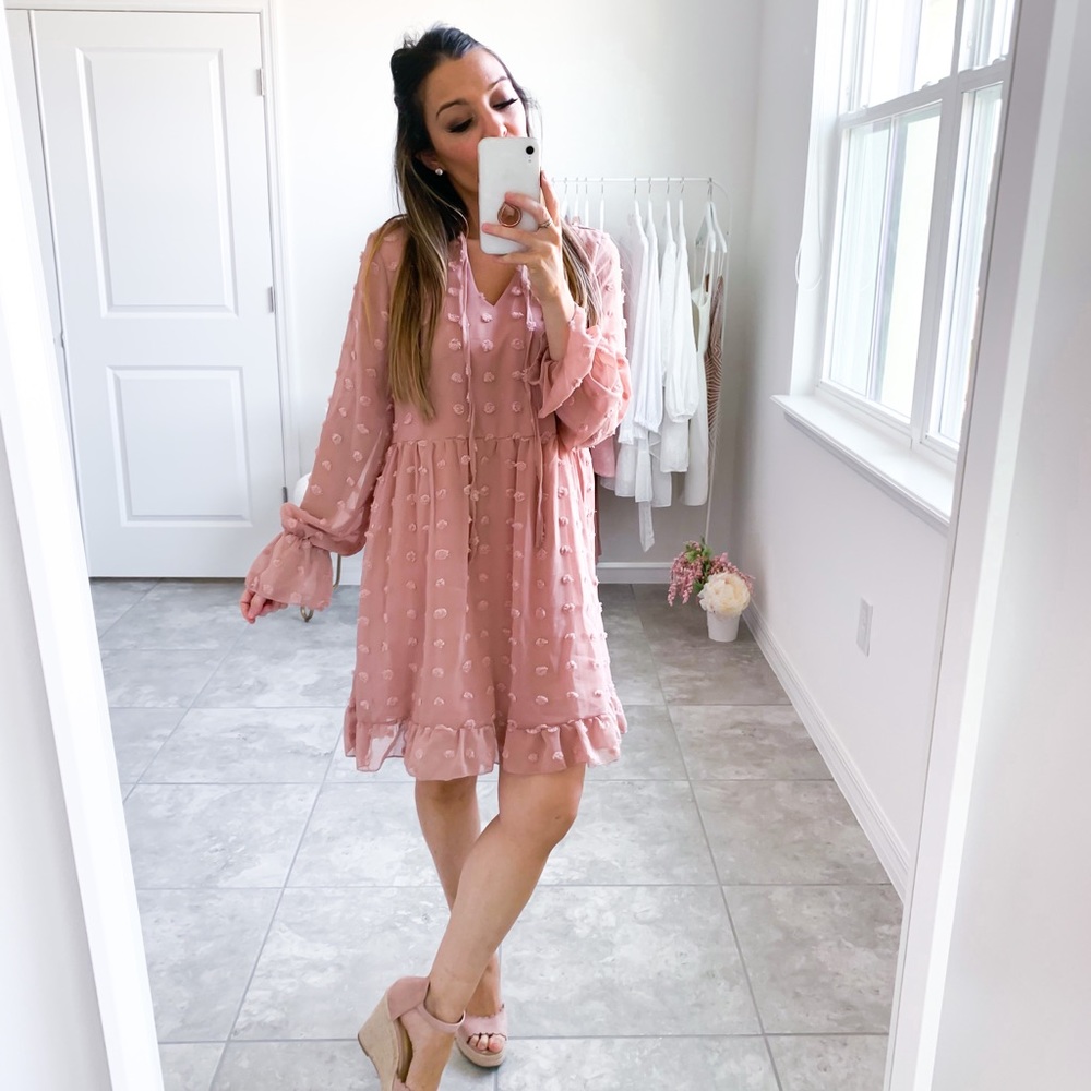 Pink Long Sleeve Swiss Dot Ruffle Loose Dress - Picture 10 of 12